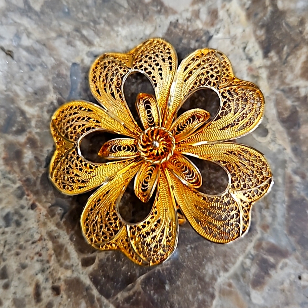 RARE TOPAZIO PORTUGAL MARKED 925 STERLING OPEN FILIGREE‎ BROOCH PIN
